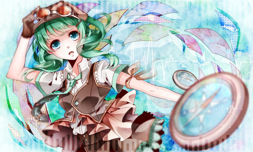 blue_eyes compass gloves goggles goggles_on_hat green_hair gumi hat necktie nou solo vocaloid