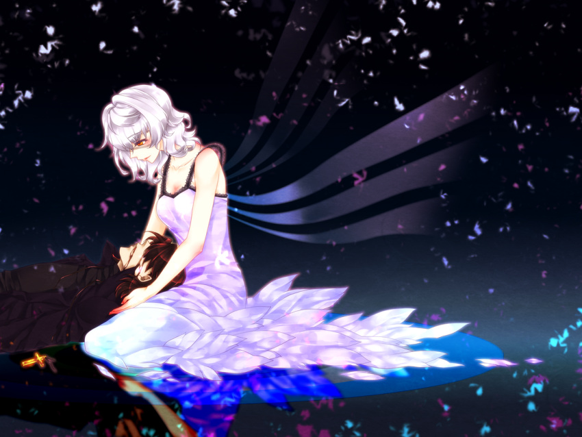 1girl blood blood_in_mouth brown_hair claudia_hortensia claudia_ortensia couple cross discharge_cycle dress eyepatch fate/stay_night fate/zero fate_(series) feathers husband_and_wife kotomine's_wife kotomine's_wife kotomine_kirei short_hair silver_hair white_hair wings