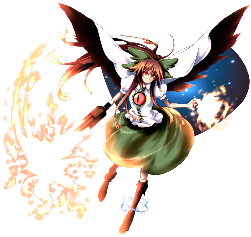black_hair boots bow cape fire hair_bow highres long_hair red_eyes red_hair redhead reiuji_utsuho solo touhou transparent_background wings