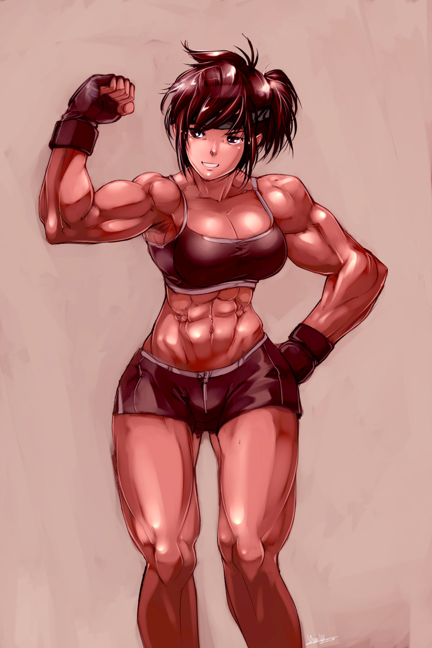 abs akiko_daimon antenna_hair armpits bangs breasts brown_eyes brown_hair cleavage clenched_hand daimon_akiko david_liu fingerless_gloves flex gloves grin hand_on_hip headband highres hot_gimmick large_breasts legs looking_away midriff muscle navel payot ponytail raised_fist short_hair short_shorts shorts signature simple_background smile solo sports_bra standing taisen_hot_gimmick taisen_hot_gimmick_4ever thick_thighs thighs wide_hips