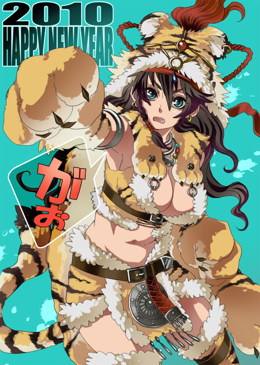 animal_ears belt black_hair breasts cleavage earrings fang hat highres hyakkimaru jewelry loincloth navel new_year original paws sangokushi_taisen solo tail thigh-highs thighhighs tiger_ears tiger_paws