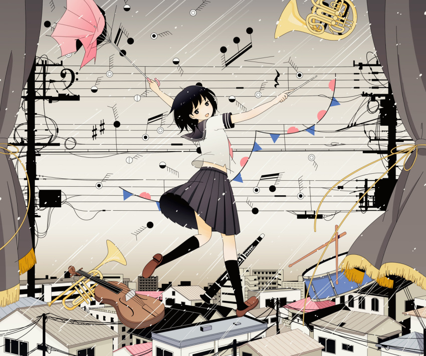 1girl bass_clef baton black_eyes black_hair building cable cityscape clarinet curtains drum drumsticks french_horn instrument loafers looking_back musical_note open_mouth original power_lines rain school_uniform serafuku shoes skirt solo super_normal telephone_pole trumpet umbrella violin weather wind