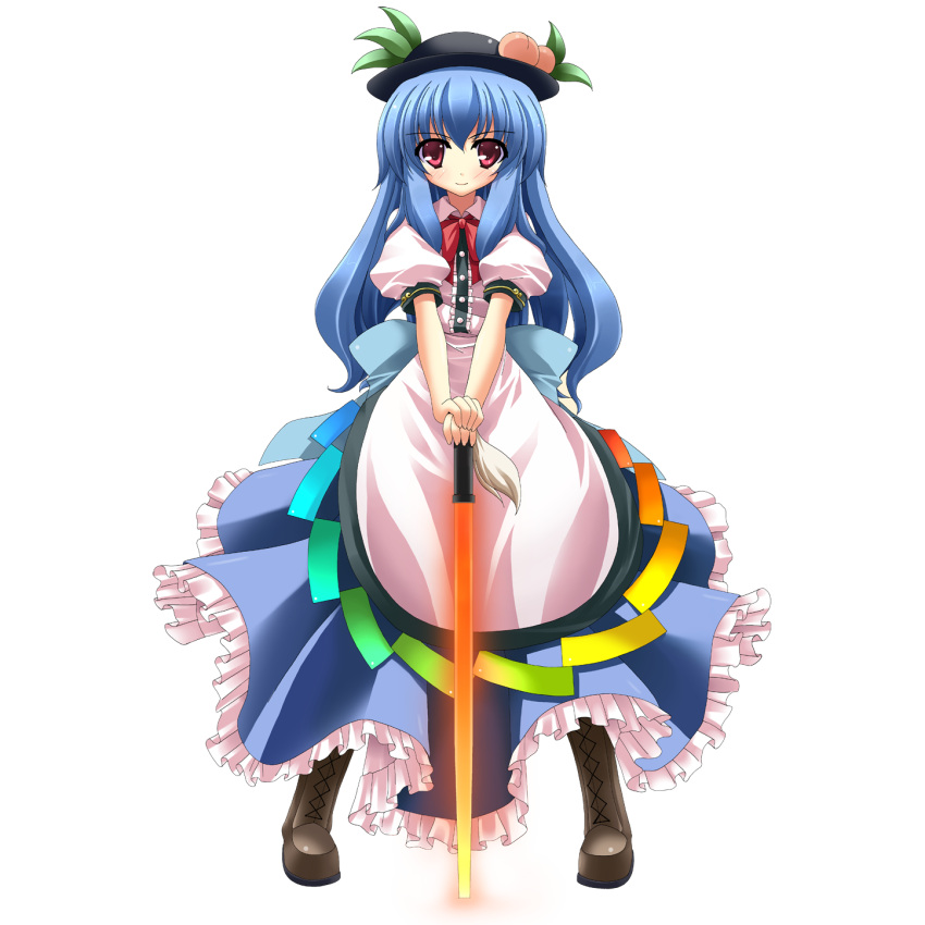 blue_hair blush boots food frills fruit hat highres hinanawi_tenshi long_hair long_skirt peach rapattu red_eyes skirt solo sword sword_of_hisou touhou transparent_background weapon
