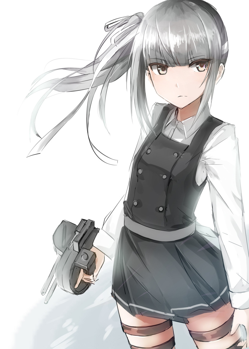 1girl absurdres bare_legs brown_eyes commentary_request cowboy_shot eyebrows eyebrows_visible_through_hair grey_hair headband highres kagerou_(gigayasoma) kantai_collection kasumi_(kantai_collection) long_hair long_sleeves looking_at_viewer remodel_(kantai_collection) side_ponytail simple_background skirt solo turret upper_body weapon white_background