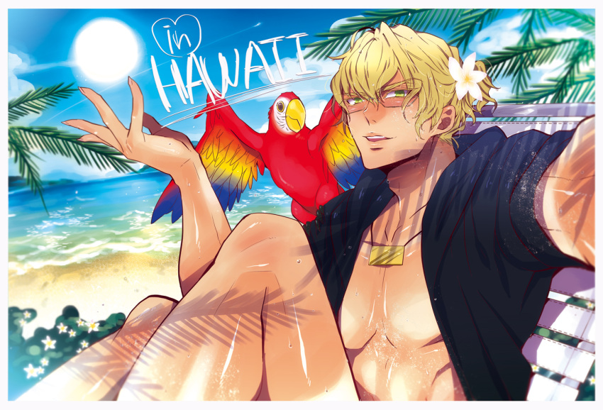 alternate_hairstyle barnaby_brooks_jr beach bird blonde_hair dog_yasiki85 glasses green_eyes hawaii male palm_tree parrot ponytail solo sun tiger_&amp;_bunny tree wink