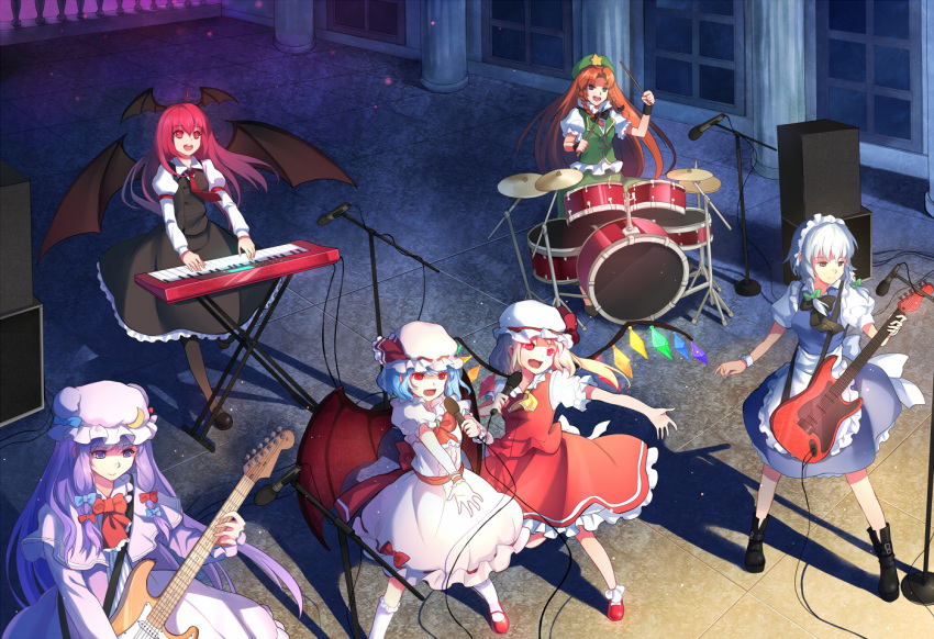 6+girls :d bat_wings blonde_hair blue_hair boots braid brown_hair capelet crescent dress drum drum_set flandre_scarlet greetload guitar hat hat_ribbon head_wings holding hong_meiling instrument izayoi_sakuya koakuma long_hair maid maid_headdress microphone multiple_girls open_mouth outstretched_arms pantyhose patchouli_knowledge piano purple_eyes purple_hair red_eyes red_hair redhead remilia_scarlet ribbon shadow silver_hair smile star touhou twin_braids violet_eyes wings wrist_cuffs
