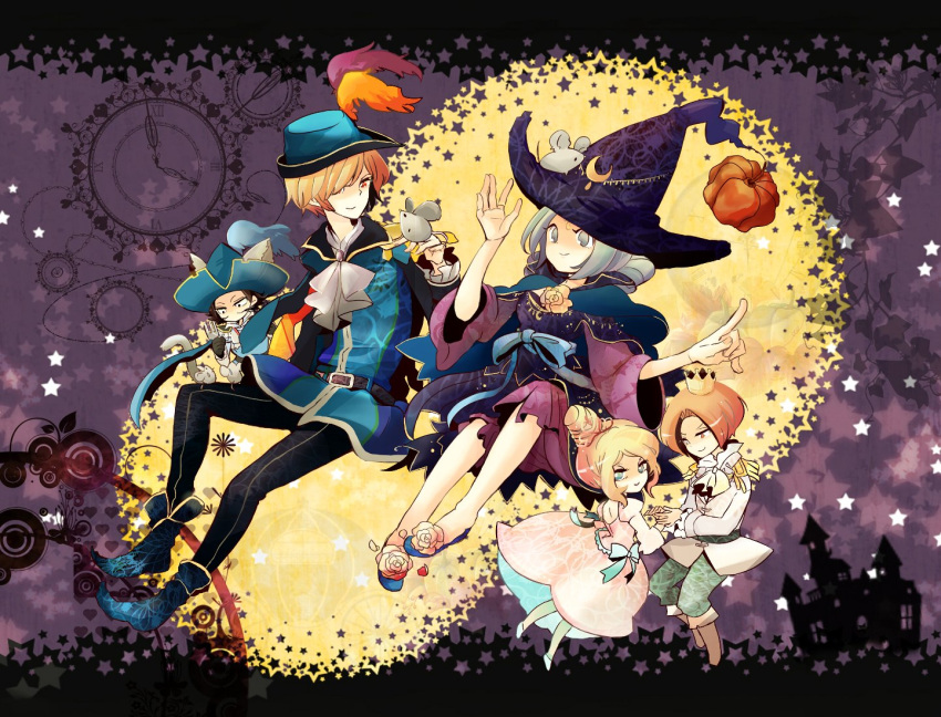 3boys alternate_costume alternate_hair_color black_hair blonde_hair bloomers blue_eyes brown_eyes brown_hair cai_wenji cao_pi cinderella crescent dress fork grey_eyes grey_hair guo_jia hat long_hair mouse multiple_boys multiple_girls oogrmr pumpkin puss_in_boots shin_sangoku_musou shin_sangoku_musou_6 smile star witch_hat zhang_liao zhen_ji