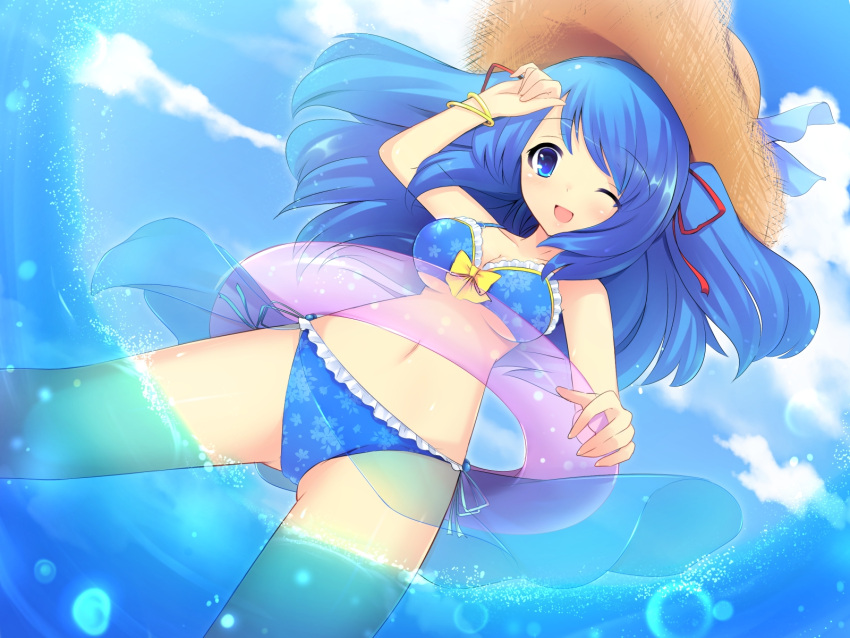 1girl blue_eyes blue_hair blush bracelet breasts cleavage dutch_angle frilled_bikini frills hat highres innertube jewelry large_breasts navel original sarong see-through shiny shiny_skin side-tie_bikini snow_(gi66gotyo) solo straw_hat swimsuit the_star_of_promise_in_this_night_sky tiangong_ruri_(night_sky) two_side_up underboob wading wink