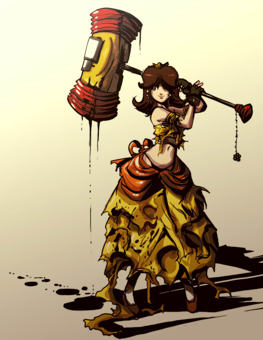 artist_request blue_eyes bow brown_hair crown earrings fingerless_gloves flower gloves hair_over_one_eye hammer highres holding jay_phenrix jewelry midriff navel nintendo panties princess_daisy sarashi short_hair super_mario super_mario_bros. torn_clothes torn_dress underwear weapon