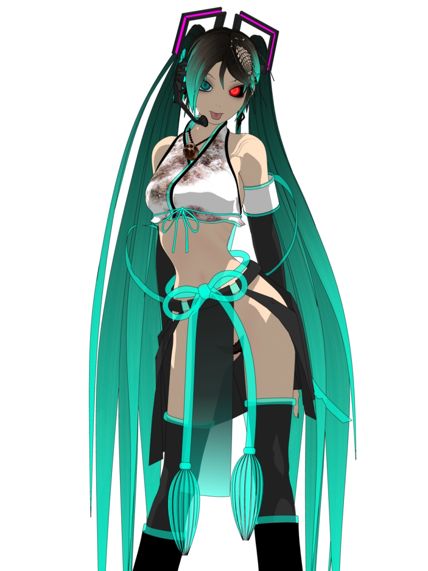 3d android aqua_eyes aqua_hair bare_shoulders c-string calne_ca cosplay crop_top crustacean detached_sleeves front-tie_top hatsune_miku hatsune_miku_(cosplay) headset heterochromia highres insect isopod jewelry long_hair looking_at_viewer maeda_koutarou midriff original red_eyes see-through simple_background skull solo tongue twintails very_long_hair vocaloid white_background