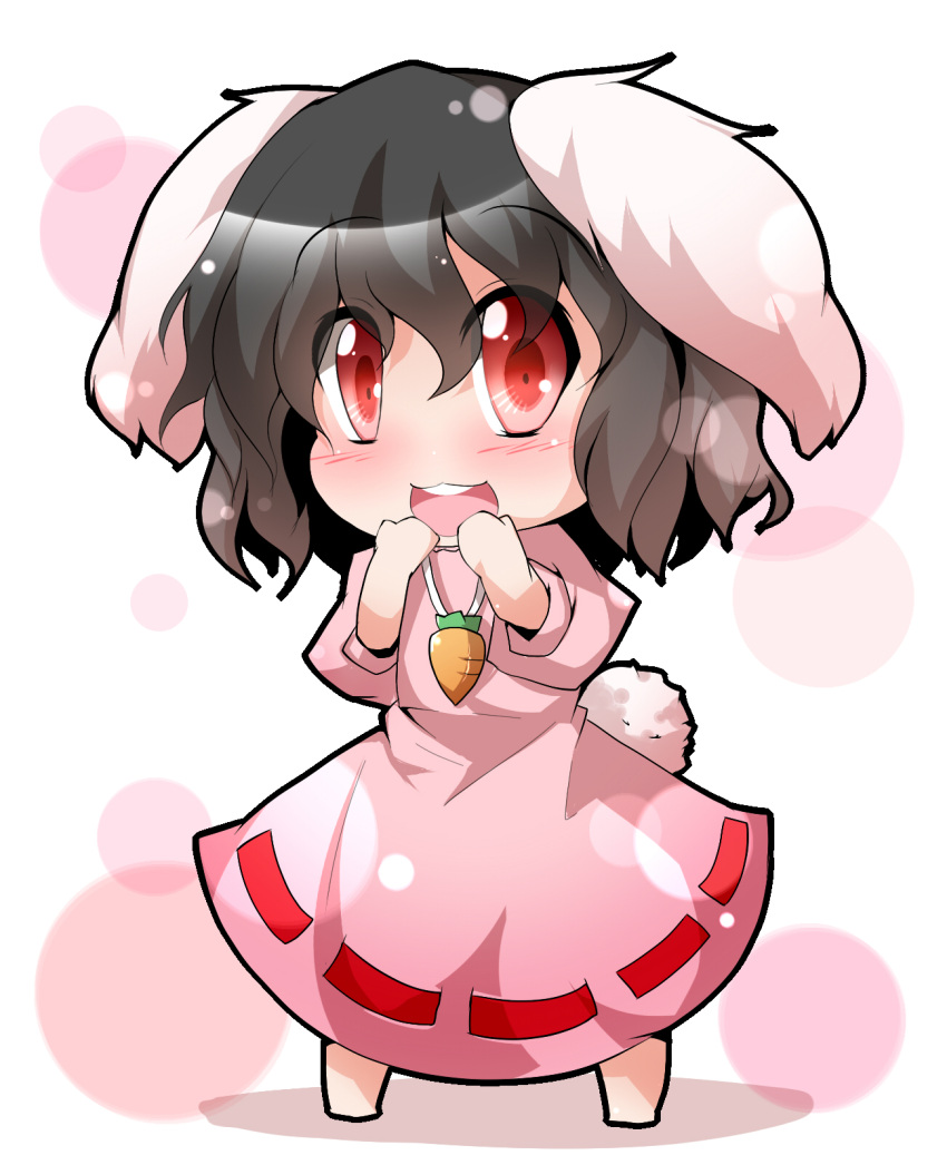 animal_ears black_hair blush bunny_ears bunny_tail carrot chibi dress hands_to_mouth highres hiro_(pqtks113) inaba_tewi jewelry necklace open_mouth pink_dress rabbit_ears red_eyes short_hair smile solo tail touhou