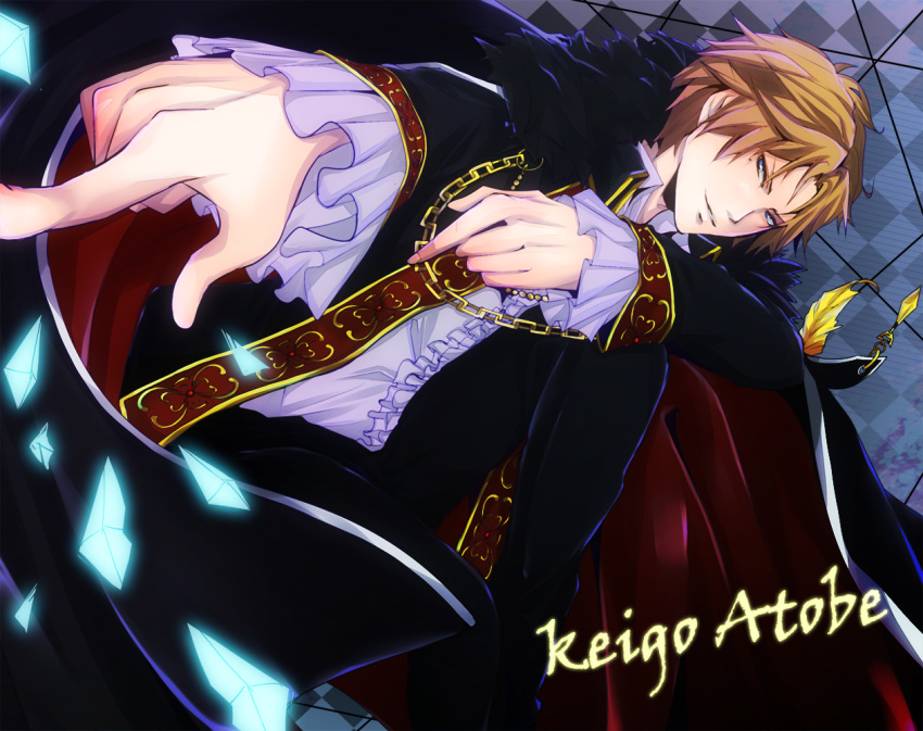 alternate_costume argyle argyle_background atobe_keigo blue_eyes brown_hair cape chain chains chocoreshon dutch_angle formal grey_background male smile solo suit tennis_no_ouji-sama