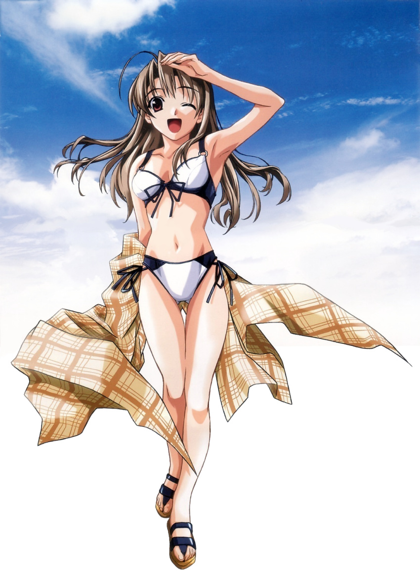 1girl ;d ahoge arm_up armpits artist_request bikini brown_eyes brown_hair flip-flops front-tie_top highres navel o-ring_top open_mouth pia_carrot pia_carrot_(series) pia_carrot_3 pia_carrot_e_youkoso!!_3 sandals side-tie_bikini sky slippers smile source_request swimsuit takai_sayaka thigh_gap towel wink