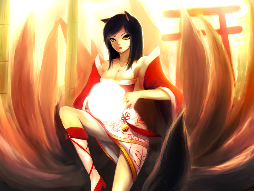 :o ahri animal_ears bamboo bell black_hair breasts cleavage detached_sleeves facial_mark fox_ears fox_tail helrouis highres league_of_legends long_hair multiple_tails skirt slit_pupils solo tail yellow_eyes
