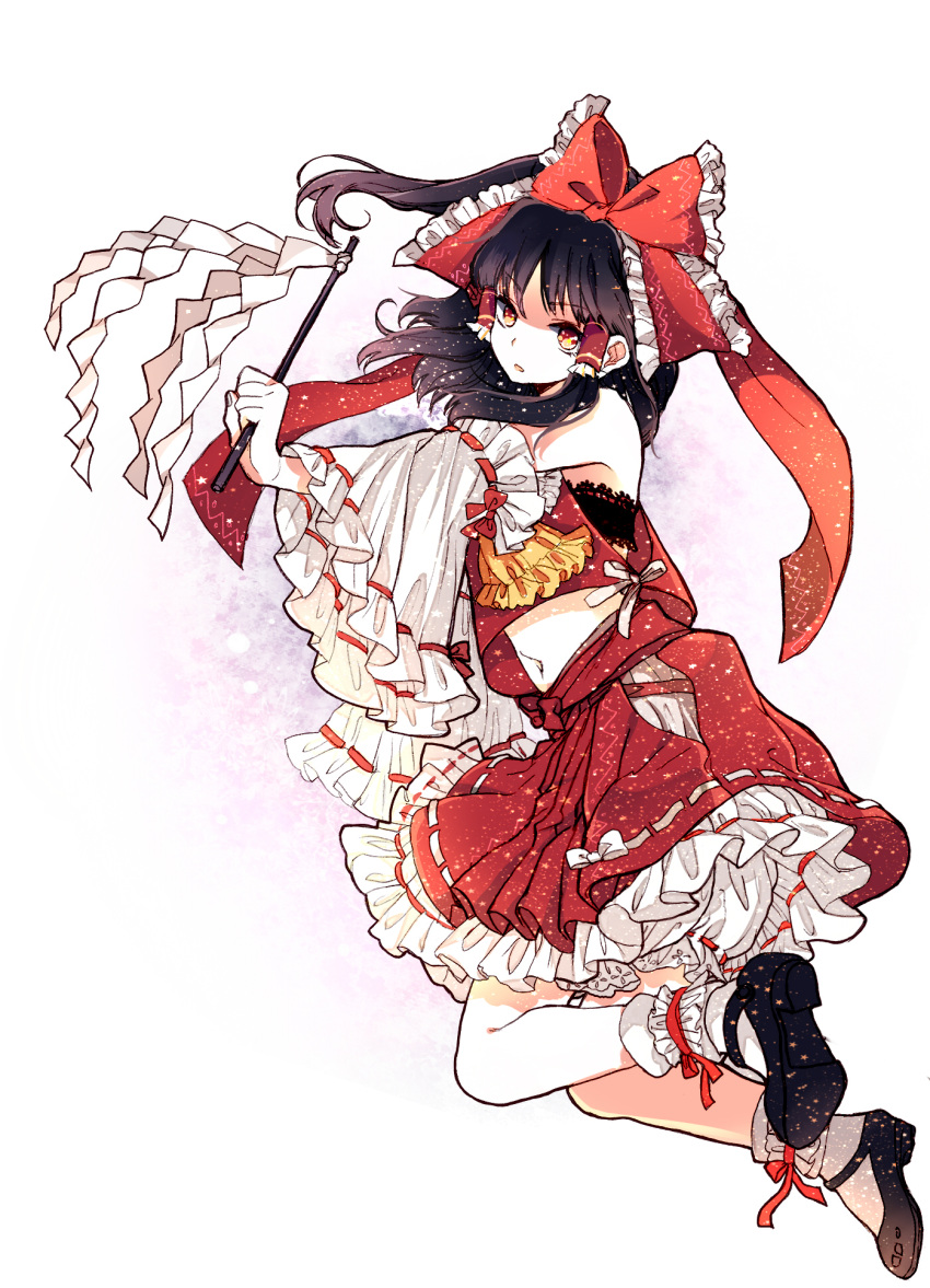 ankle_ribbon bad_id bare_shoulders black_hair bow detached_sleeves enje_(pixiv3289887) gohei hair_bow hair_tubes hakurei_reimu highres holding mary_janes red_eyes shoes simple_background solo star touhou white_background
