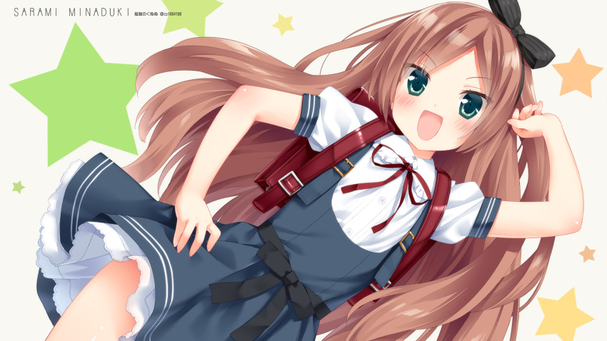 &gt;:) &gt;:d 1920x1080 :d backpack bag blush brown_hair green_eyes hair_ribbon hand_on_hip highres hips long_hair minazuki_sarami open_mouth original peko randoseru ribbon school_bag school_uniform smile solo star translated translation_request wallpaper