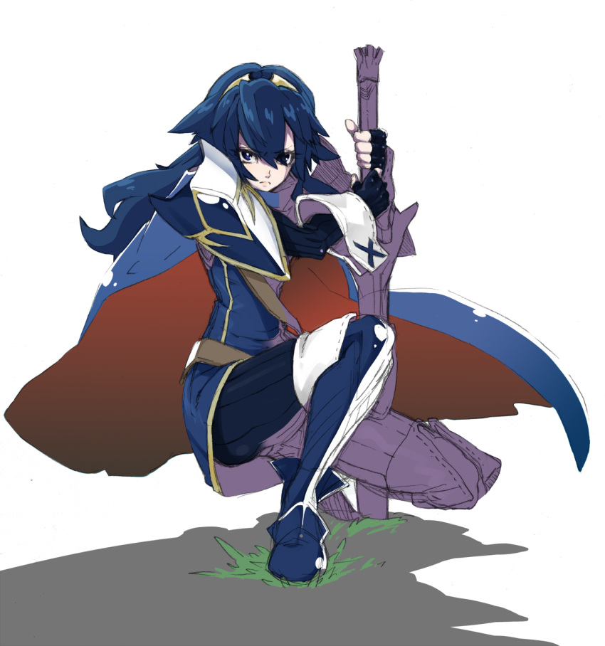 armor blue_eyes blue_hair cape fire_emblem fire_emblem:_kakusei hairband highres long_hair lucina planted_sword planted_weapon shouko829 solo sword weapon