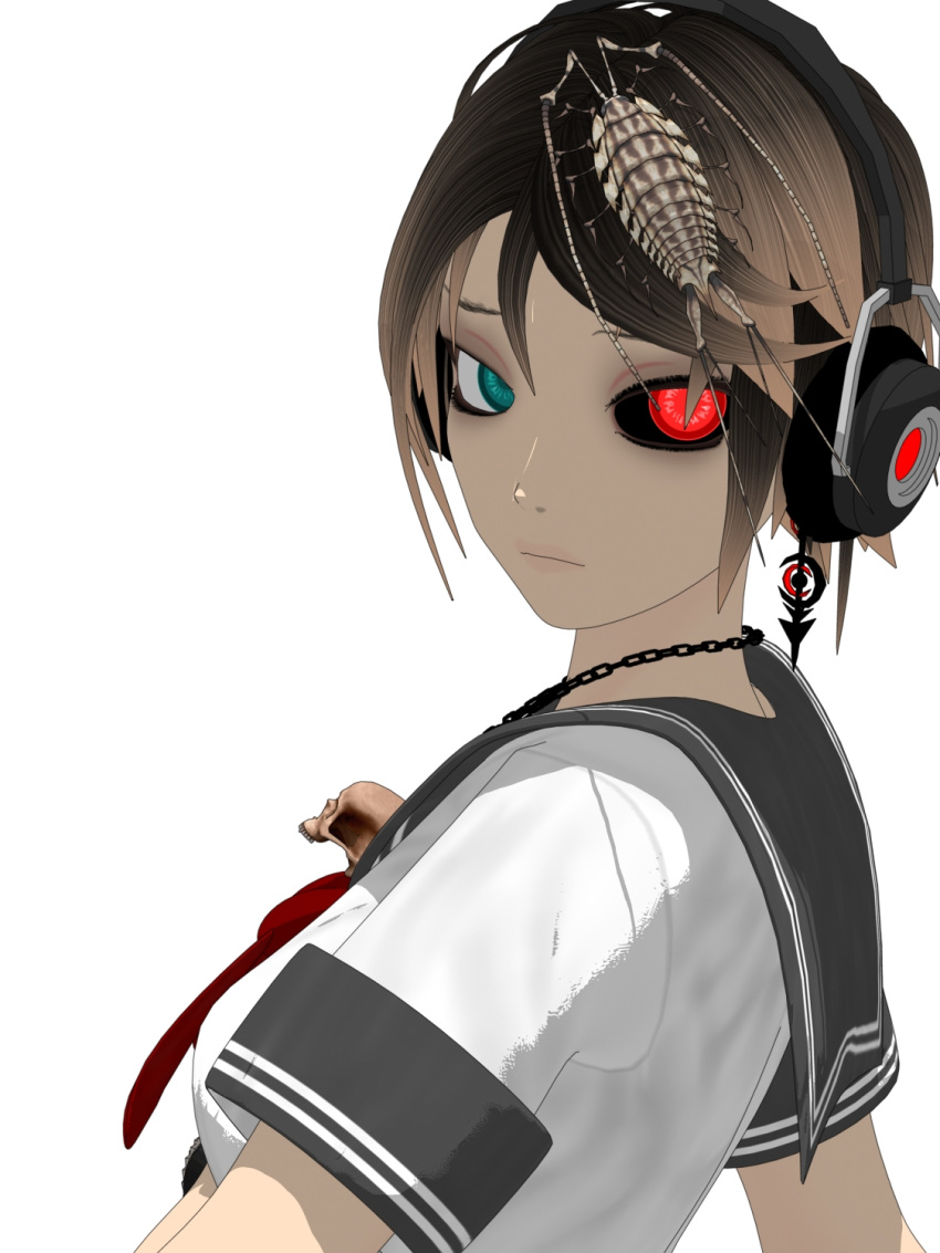 1girl 3d android aqua_eyes brown_hair calne_ca crustacean cyborg headphones heterochromia highres insect isopod jewelry looking_at_viewer maeda_koutarou original red_eyes simple_background skull solo vocaloid white_background