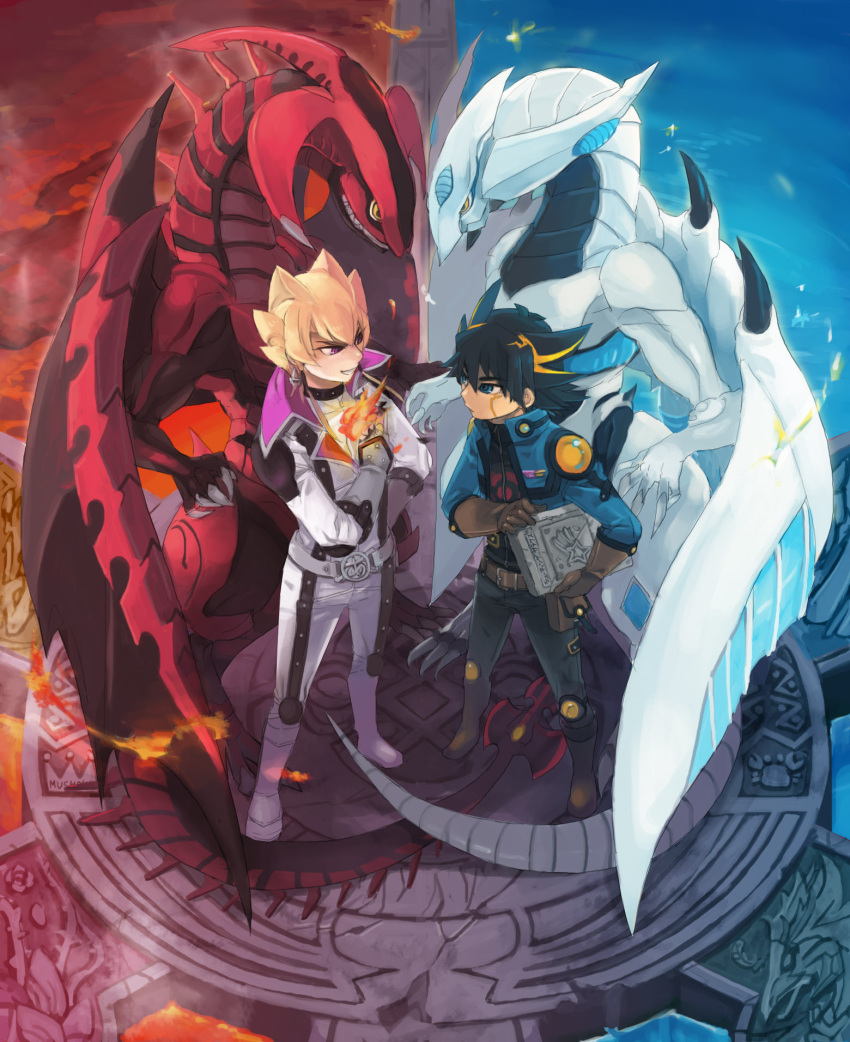 blonde_hair book dragon duel_monster earrings fire fudou_yuusei gloves grin highres jack_atlas jacket jewelry male mayday multicolored_hair multiple_boys red_nova_dragon shooting_star_dragon short_hair smile spiked_hair spiky_hair tattoo yu-gi-oh! yuu-gi-ou yuu-gi-ou_5d's yuu-gi-ou_5d's