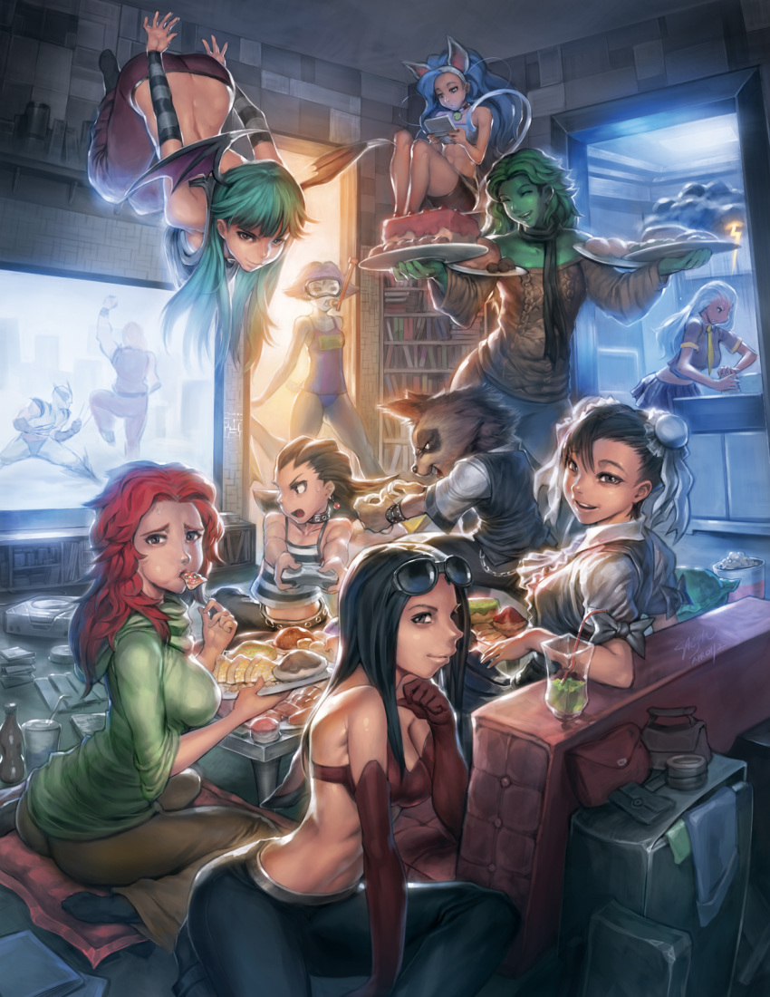 6+girls ahoge ass bare_shoulders blue_hair breasts butt_crack cake capcom casual choker chun-li cleavage closed_eyes cloud dark_skin double_bun doublebun eating elbow elbow_gloves felicia food furry gloves green_skin hairband highres jean_grey ken_masters lei_lei long_hair marvel marvel_vs._capcom marvel_vs._capcom_3 midriff morrigan_aensland mouth_hold multiple_boys multiple_girls nintendo_ds odd_one_out open_mouth playing_games red_hair redhead rocket_raccoon rockman rockman_dash saejin_oh she-hulk storm_(x-men) sunglasses sunglasses_on_head sweatdrop sweater television tron_bonne turtleneck vampire_(game) video_game wolverine x-23 x-men