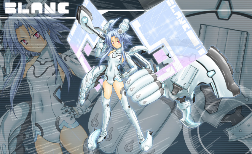 ahoge arm_up axe blanc blue_hair bodysuit choujigen_game_neptune clothed_navel cocoa_(cocoa0191) cocoa_(pixiv) ears hand_on_hip hips long_hair navel red_eyes shiny shiny_skin skindentation smile solo symbol-shaped_pupils weapon white_heart