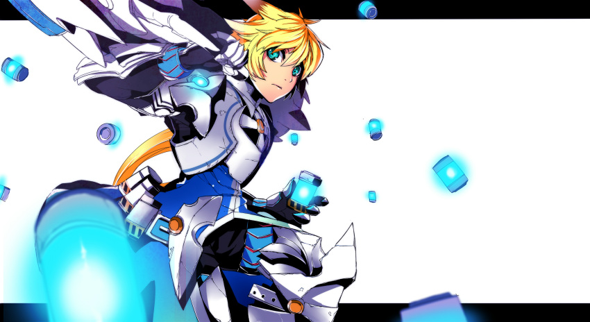 armor blonde_hair blue_eyes boots cartridge chung elsword fuyugasumi gauntlets gloves highres letterboxed long_hair male pants solo white_background
