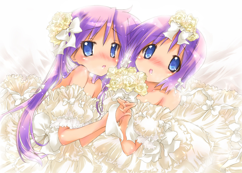 bouquet dress flower highres hiiragi_kagami hiiragi_tsukasa long_hair lucky_star nyanmilla purple_hair short_hair siblings sisters twintails wedding_dress