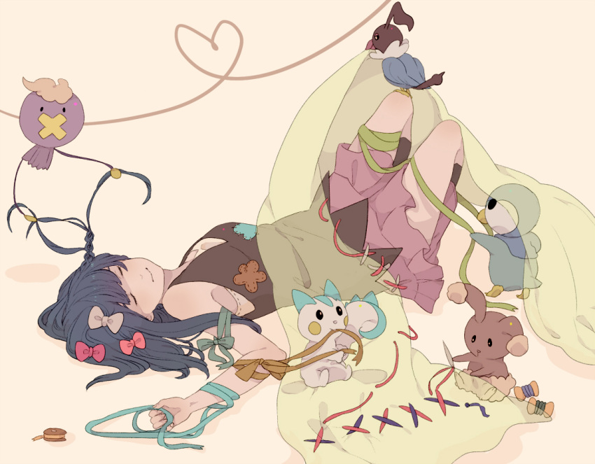 1girl bare_shoulders black_legwear blue_hair boots bow braid braiding_hair brown_background buneary chatot closed_eyes cloth drifloon hair_bow hairdressing heart hikari_(pokemon) kneehighs long_hair lying mata_tabi needle on_back pachirisu piplup pokemon pokemon_(anime) pokemon_(creature) pokemon_(game) pokemon_dppt ribbon sewing simple_background skirt sleeping sleeveless thread