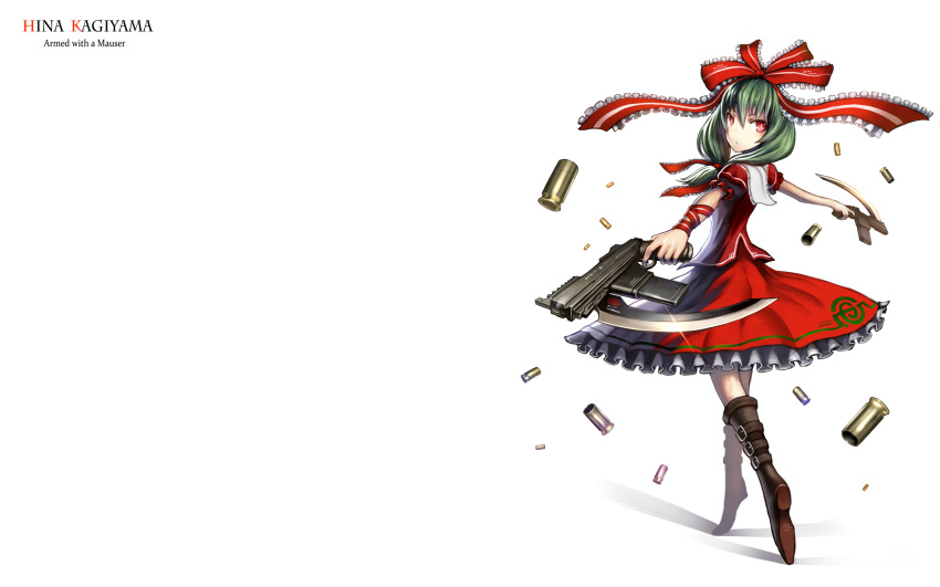 gia green_hair gun kagiyama_hina long_hair red_eyes touhou weapon white