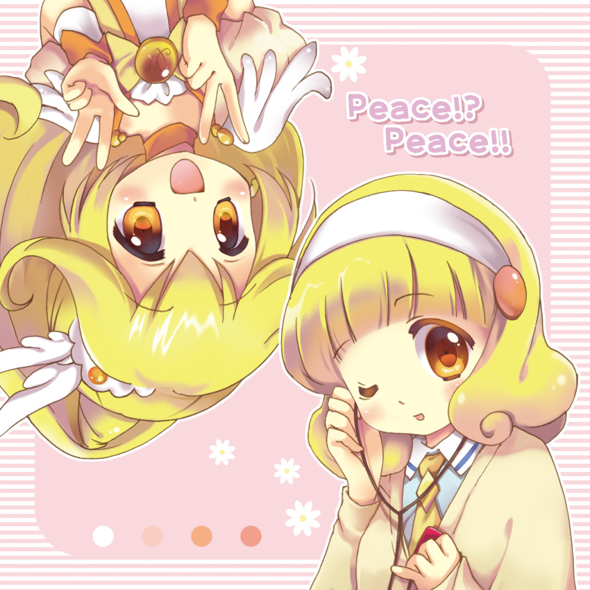 blonde_hair bowtie brooch cardigan chibitan choker cure_peace double_v dual_persona flower hairband headphones highres jewelry kise_yayoi long_hair necktie pink_background precure rotational_symmetry short_hair smile smile_precure! upside-down v wink yellow_eyes