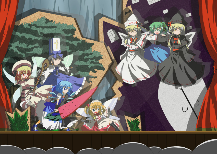 advent_cirno audience bat black_hair blonde_hair blue_hair brown_eyes cirno claws cross curtains daiyousei drill_hair dual_persona fang grass green_hair hat highres jin_taira lily_black lily_white long_hair luna_child mitre multiple_girls orange_hair purple_eyes red_eyes ribbon scarlet_devil_mansion short_twintails side_ponytail smile staff stage star_sapphire sunny_milk touhou tree twintails violet_eyes yousei_daisensou