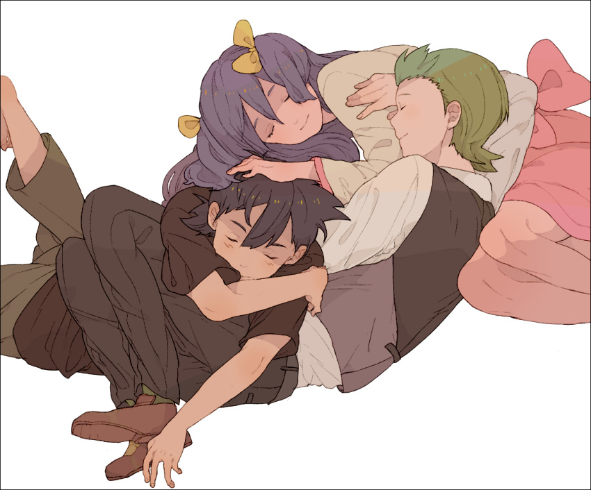 1girl 2boys black_hair border bow child closed_eyes dent_(pokemon) dress dress_shirt green_hair hair_bow iris_(pokemon) light_smile loafers long_hair mata_tabi multiple_boys pants pokemon pokemon_(anime) purple_hair satoshi_(pokemon) shirt shoes short_hair short_twintails simple_background sleeping twintails waistcoat white_background