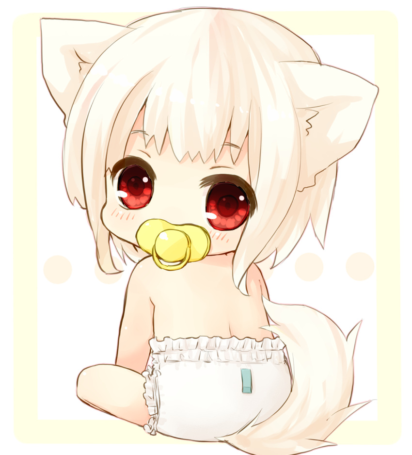 animal_ears baby bad_id diaper from_behind highres inubashiri_momiji looking_back pacifier sad_fuka short_hair sitting solo tail touhou white_hair wolf_ears wolf_tail young
