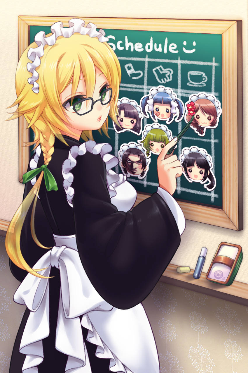 apron bandaid bangs bittersweet_(dalcoms) black_hair blonde_hair blue_hair blunt_bangs bow braid brown_hair chalk chalkboard cup flower frills glasses gloves green_eyes green_hair grin hair_between_eyes hair_ribbon highres holding japanese_clothes kimono lolita_fashion long_hair lowres maid maid_headdress odd_one_out open_mouth ponytail red_hair redhead ribbon short_hair side_braid smile socks solo sword_girls twintails wa_lolita