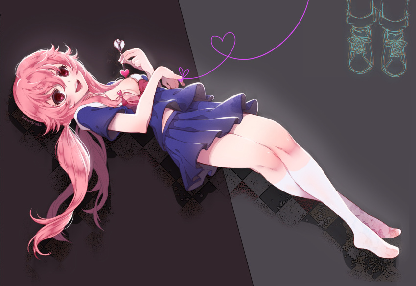 bittersweet_(dalcoms) bow breasts checkered gasai_yuno hair_between_eyes hair_ribbon heart highres holding long_hair lying mirai_nikki on_back open_mouth pink_hair pleated_skirt red_eyes ribbon school_uniform shoes skirt smile sneakers twintails
