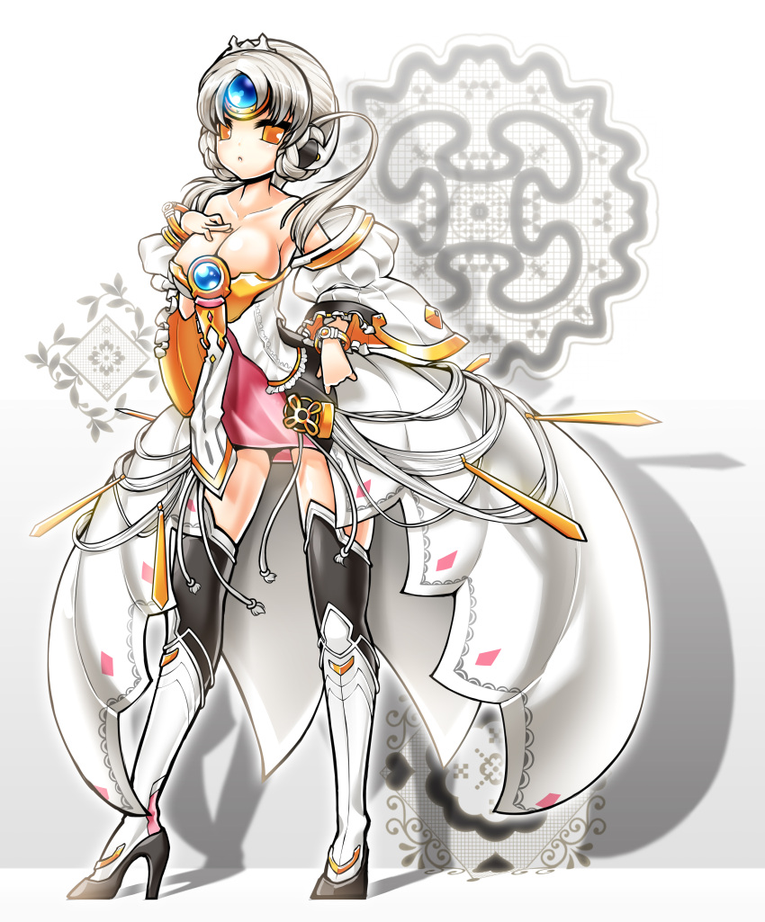 absurdres bad_id black_legwear boots breasts detached_sleeves elsword eve_(elsword) high_heels highres large_breasts legs long_legs poseich shoes short_hair skirt thigh-highs thighhighs thighs updo white_background white_hair yellow_eyes