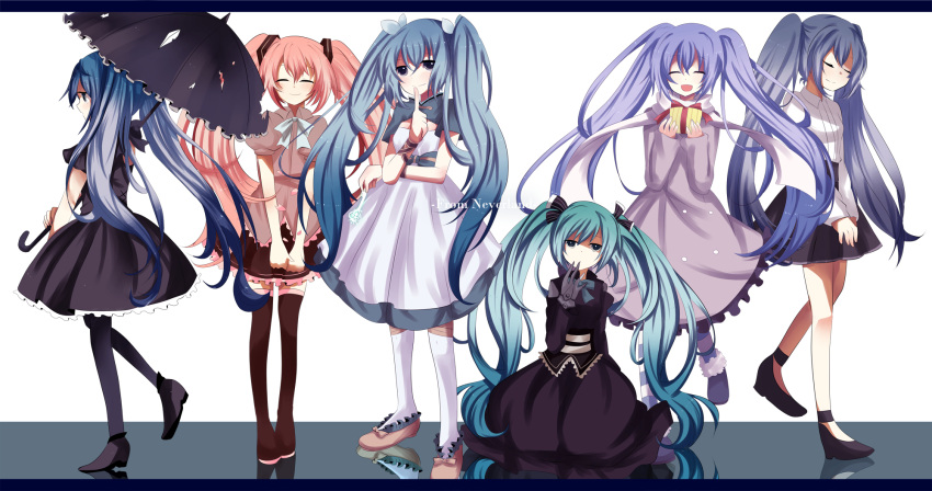 aqua_hair blue_hair boots bowtie cha_(cha5903) closed_eyes dress eyes_closed finger_to_mouth gift gloves green_hair hatsune_miku highres letterboxed long_hair multiple_girls open_mouth pantyhose pink_hair scarf skirt smile striped striped_legwear thigh-highs thigh_boots thighhighs twintails umbrella very_long_hair vocaloid