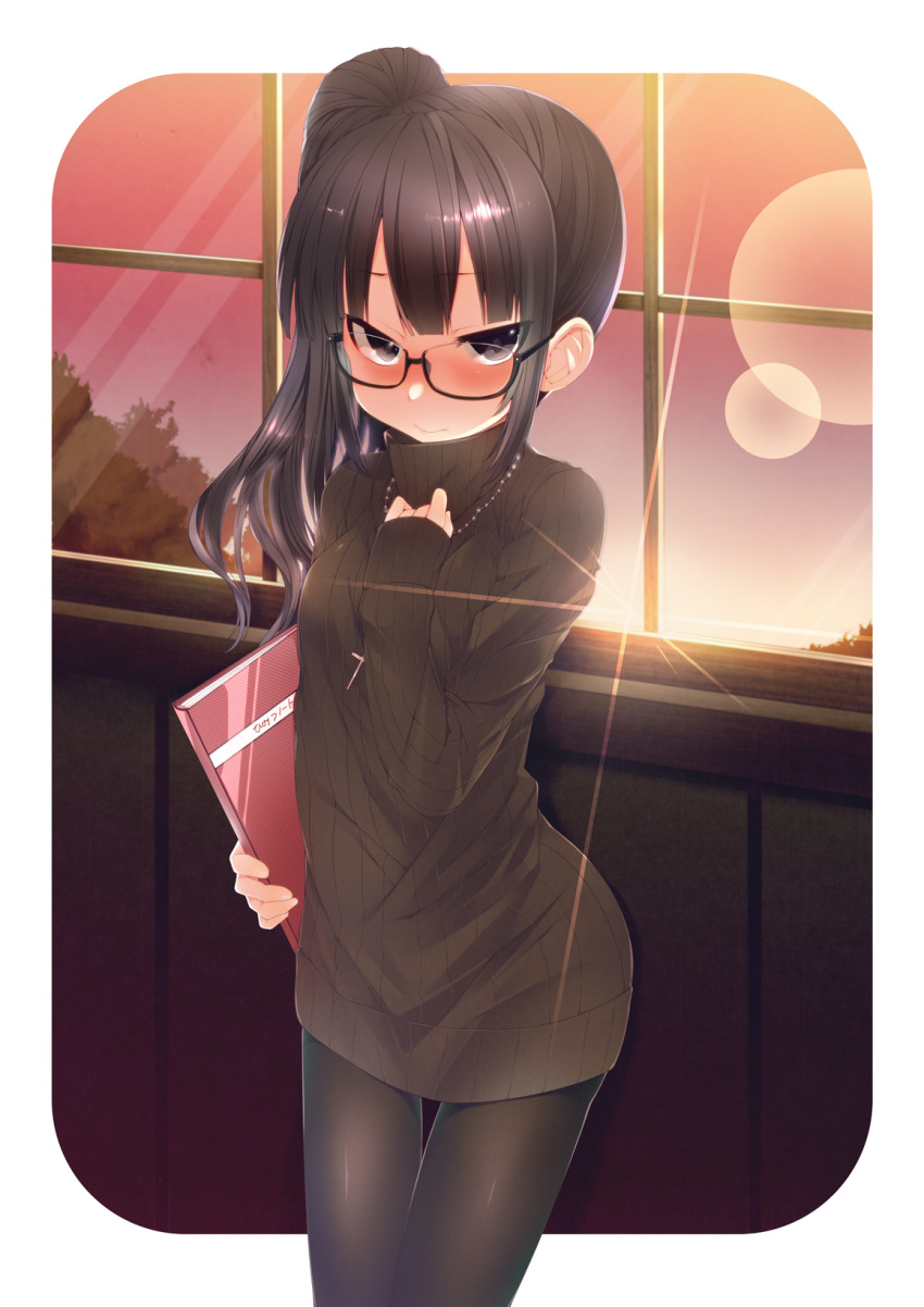 black_hair black_legwear blush brown_eyes cross glasses hand_on_own_chest highres long_hair original pantyhose ribbed_sweater side_ponytail simple_background skull.03 sleeves_past_wrists solo sunbeam sunlight sweater sweater_dress thigh_gap thighs turtleneck white_background window