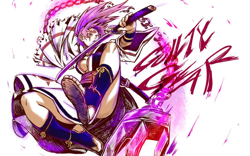 1girl amputee baiken bracer breasts chain claw_(weapon) facial_tattoo greaves guilty_gear highres japanese_clothes jumping kataginu katana kimono large_breasts long_hair obi one-eyed pink_eyes pink_hair ponytail sandals scabbard scar sheath solo sword tattoo toeless_legwear toes torinitea torn_sleeve weapon