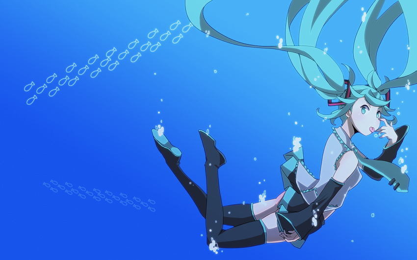 aqua_eyes aqua_hair boots detached_sleeves floating_hair hatsune_miku highres long_hair looking_at_viewer necktie nokko skirt solo submerged thigh-highs thigh_boots thighhighs tongue twintails underwater very_long_hair vocaloid