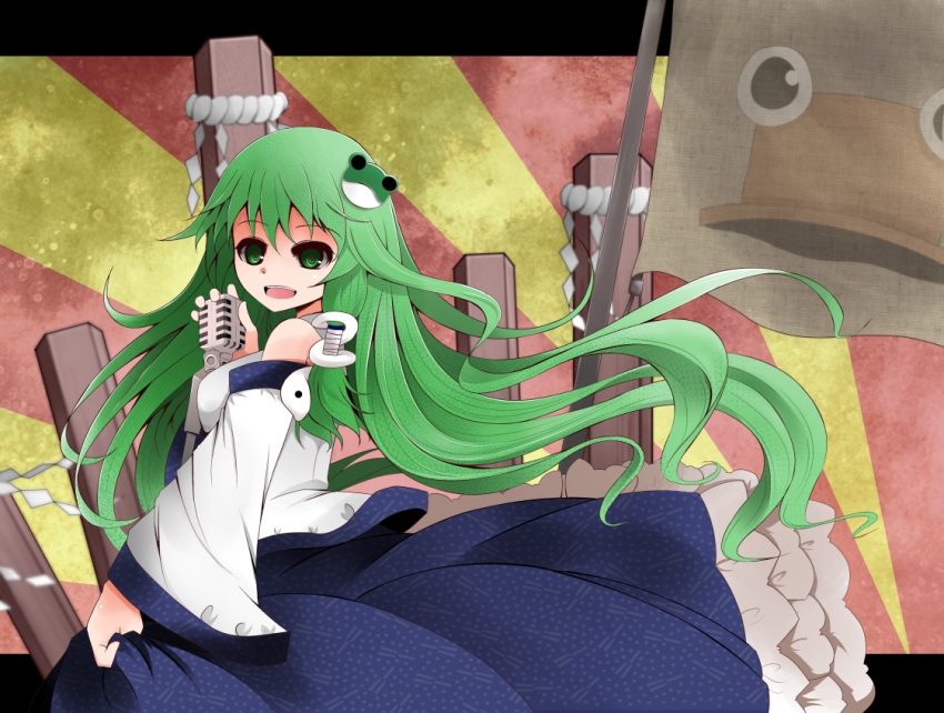 arano_oki blush breasts detached_sleeves flag frog_hair_ornament green_eyes green_hair hair_ornament hair_tubes kochiya_sanae long_hair long_skirt microphone onbashira open_mouth parody skirt skirt_hold smile snake solo this_is_the_happiness_and_peace_of_mind_committee_(vocaloid) touhou vocaloid wind
