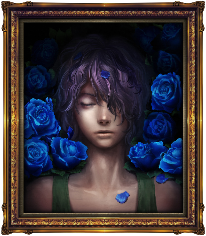 absurdres bad_end blue_rose closed_eyes eyes_closed faux_traditional_media flower frame garry_(ib) gary_(ib) hair_over_one_eye highlights highres ib lips male petals portrait purple_hair realistic rose rose_petals solo yuanmaru