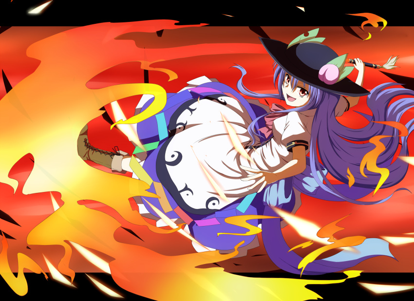 blue_hair bow cross-laced_footwear daba fire food fruit hat highres hinanawi_tenshi leaf long_hair long_skirt open_mouth peach red_eyes short_sleeves skirt solo sword_of_hisou touhou very_long_hair