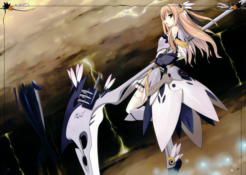 :o absurdres armor bare_shoulders blonde_hair cloud clouds grey_eyes hair_ornament highres lightning long_hair open_mouth original poko profile scan scythe solo thigh-highs thighhighs weapon whale white_legwear