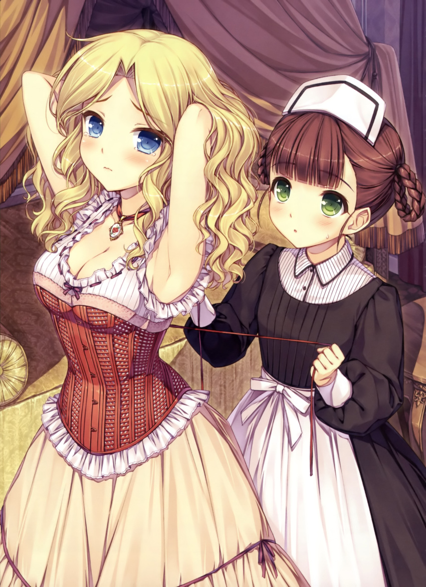 2girls absurdres armpits arms_behind_head arms_up bangs blonde_hair blue_eyes blunt_bangs blush breasts brown_hair cleavage corset crying crying_with_eyes_open dress female green_eyes headdress highres long_hair maid multiple_girls original sayori scan sweatdrop tears