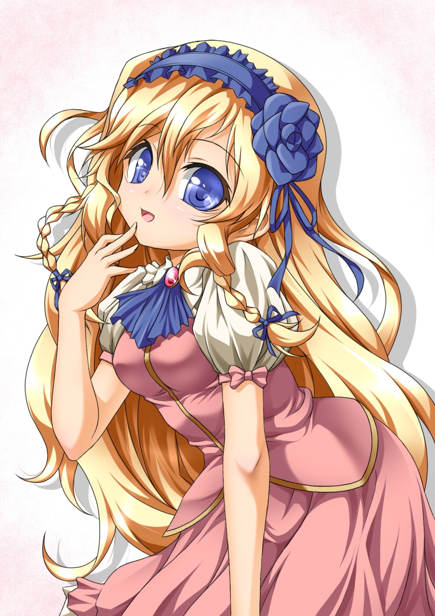 ascot blonde_hair blue_eyes bow breasts castlevania castlevania:_rondo_of_blood dress hair_bow hair_ribbon highres long_hair maria_renard open_mouth ribbon roura smile solo young