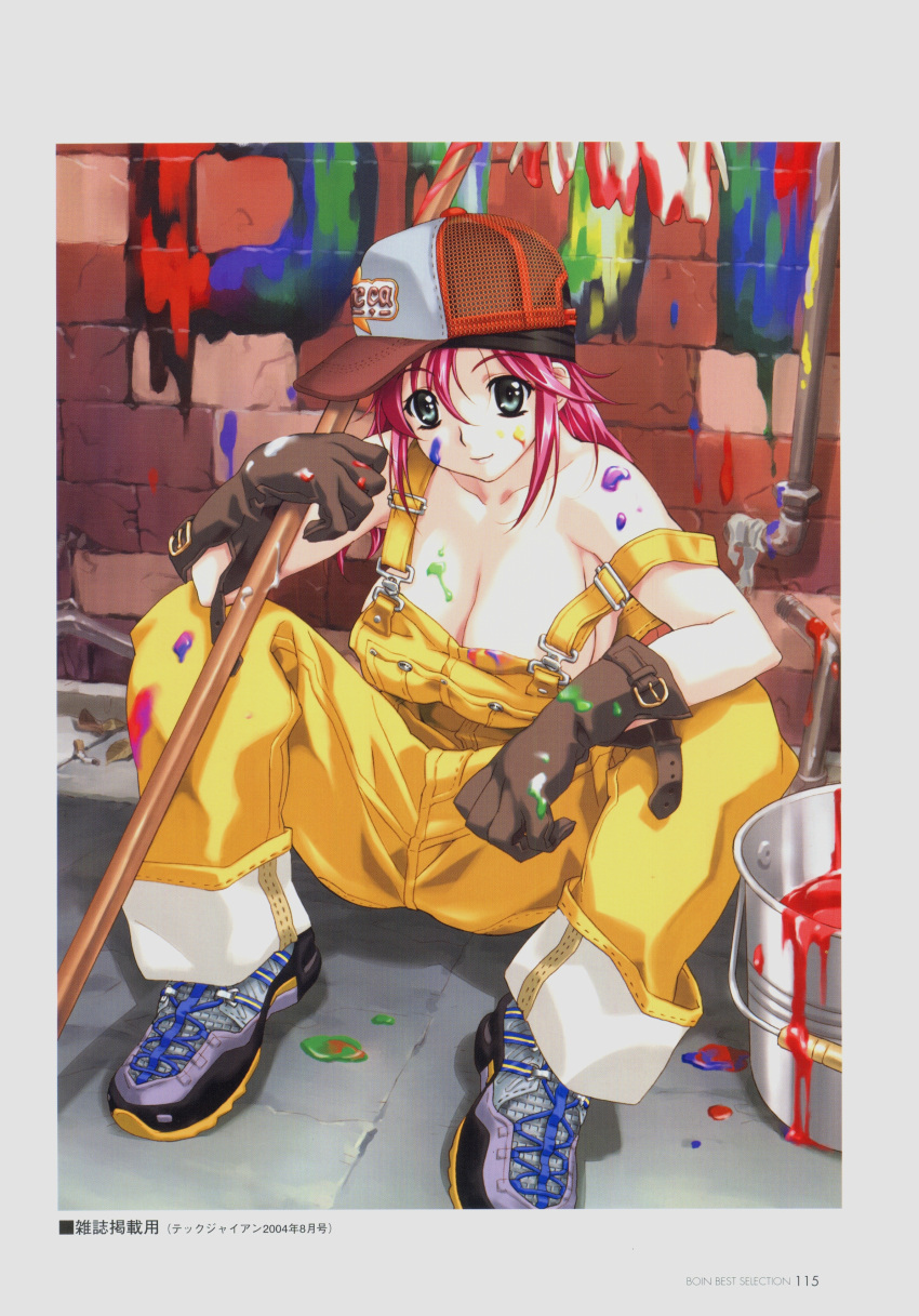 absurdres artbook baseball_cap boin breasts bucket gloves green_eyes happoubi_jin hat highres iihara_nao large_breasts looking_at_viewer naked_overalls overalls paint paint_bucket pink_hair shoes sneakers solo suspenders