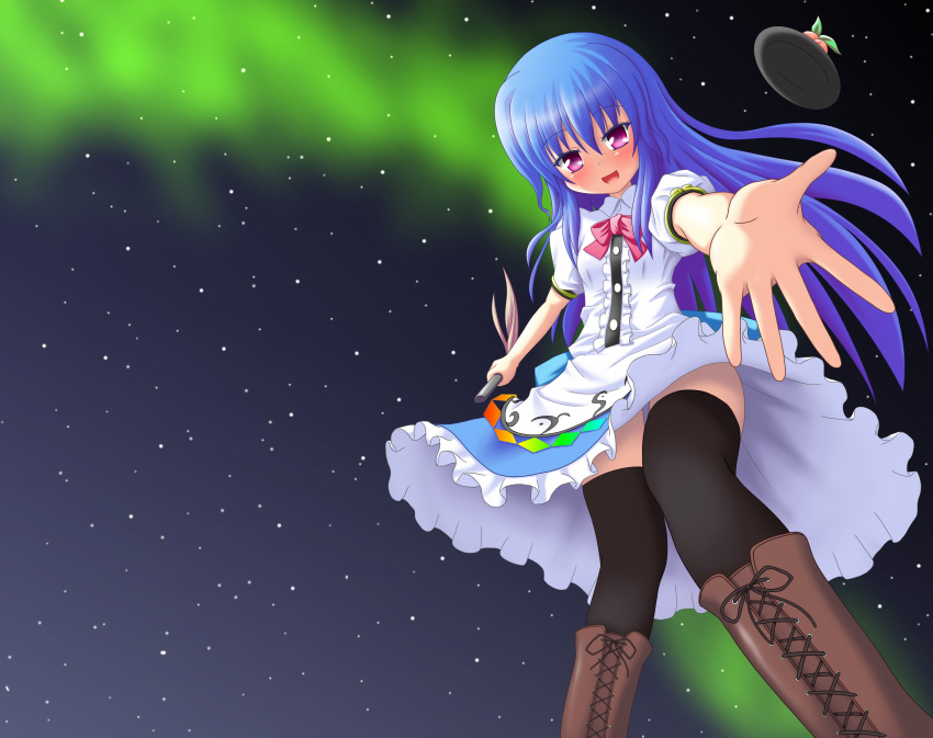 absurdres blue_hair blush bow food frills fruit hat hat_removed headwear_removed highres hinanawi_tenshi leaf long_hair looking_at_viewer night open_mouth peach purple_eyes short_sleeves sky solo star takatsuki_satoshi thigh-highs thighhighs touhou very_long_hair violet_eyes zettai_ryouiki