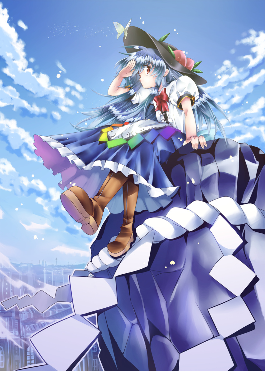 blue_hair bow butterfly cloud clouds food frills fruit hat highres hinanawi_tenshi keystone leaf long_hair long_skirt peach red_eyes rock rope short_sleeves sitting skirt sky solo torisuke_(koinohito) touhou very_long_hair