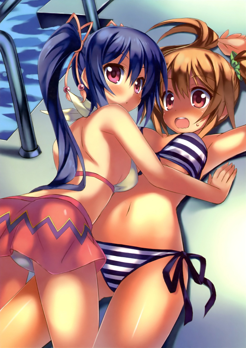 absurdres all_fours armpits arms_up bare_shoulders bikini bikini_skirt black_hair blue_hair blush breasts brown_hair highres kiba_satoshi long_hair looking_back lying multiple_girls navel on_back open_mouth original pool pool_ladder poolside purple_eyes red_eyes scan side-tie_bikini striped striped_bikini striped_swimsuit sweatdrop swimsuit twintails violet_eyes wavy_mouth